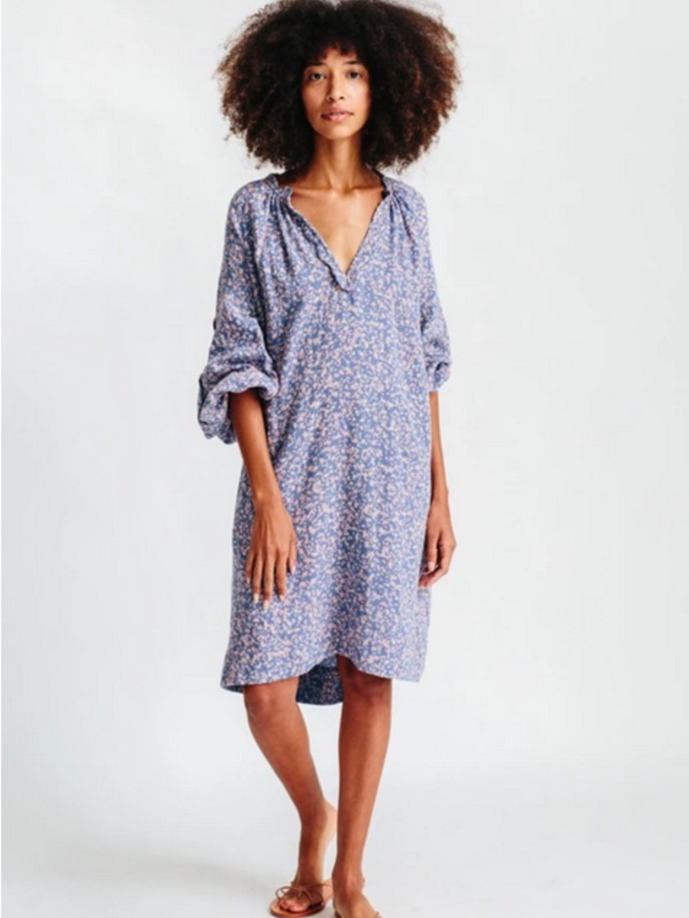 MIRTH Slate Blue and Pink Floral print cotton gauze dress with scallop detail Sm